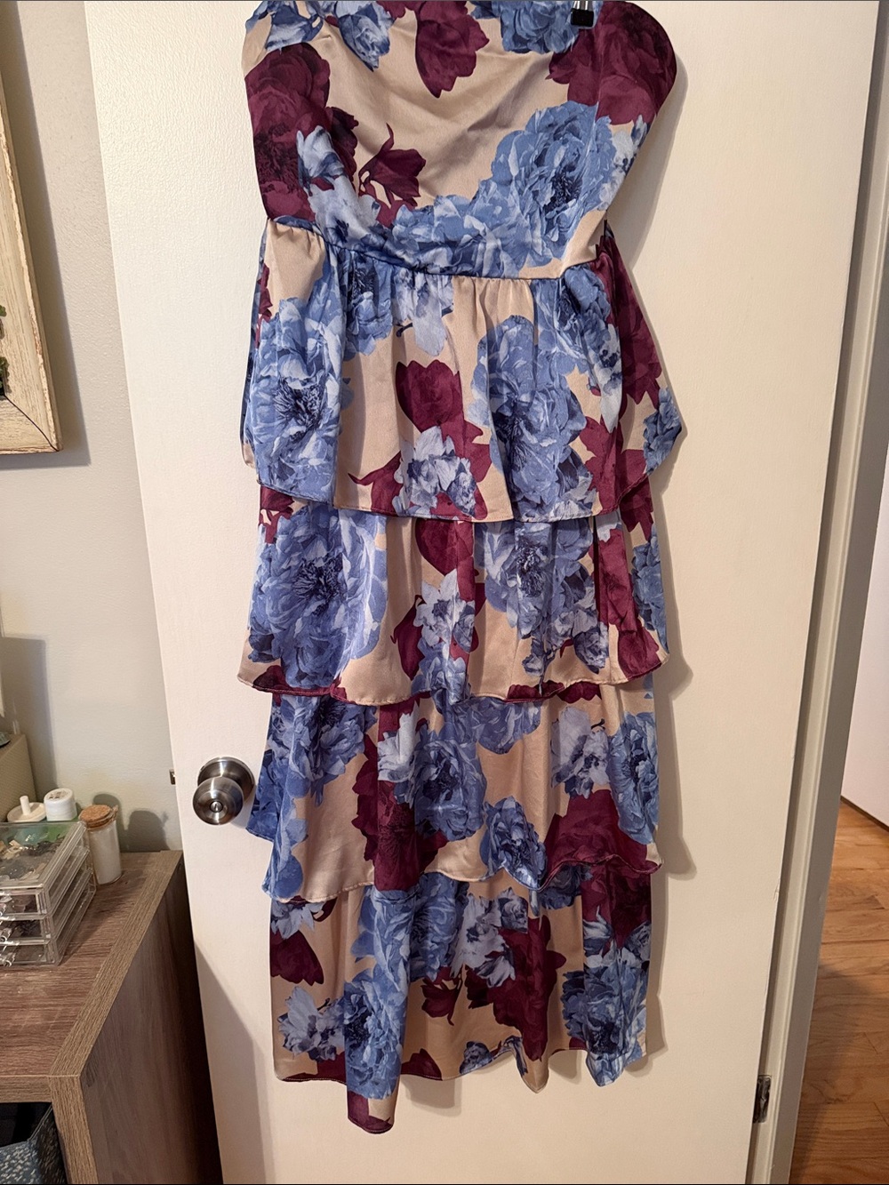 Strapless Tiered Floral Dress in Beige with Blue and Plum Blooms